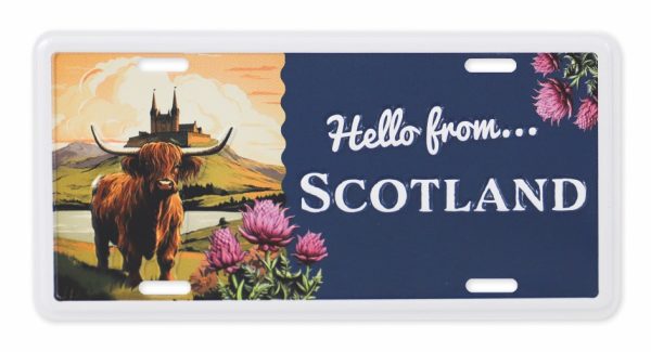 1943 Metal Road Sign Fridge Magnet - Highland Cow / Hello From Scotland